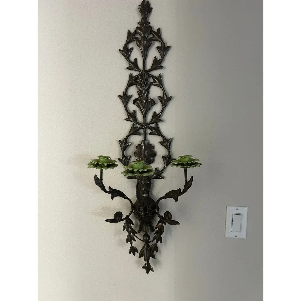Antique Wrought Iron Wall Sconce Candelabra Green Flower Leaf Ornate Dark